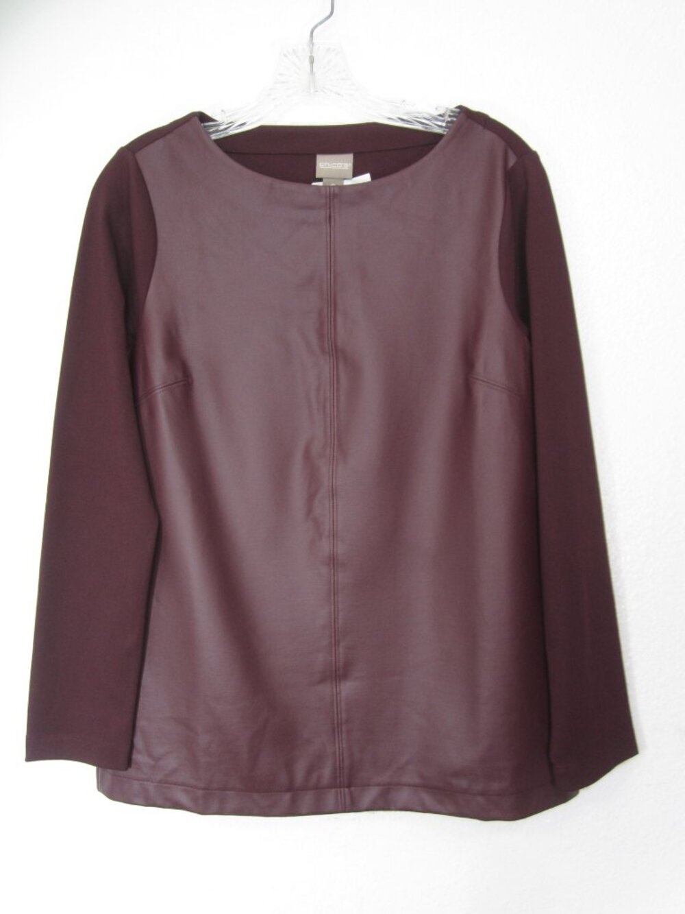 Chico's EUC Size 0 US 4 XS Faux Leather Front Tunic Top Mixed Media Burgundy